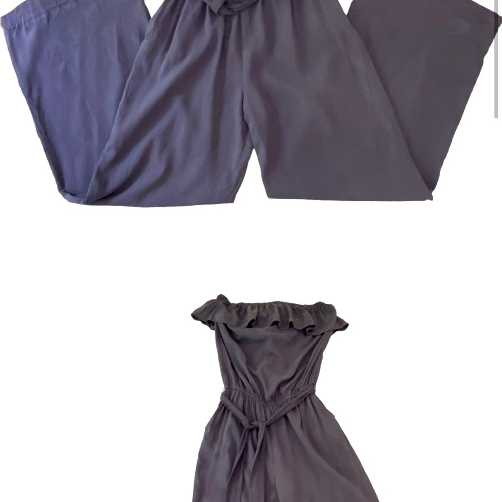 Guess jumpsuit 100% silk blue strapless woven wide legs sleeveless belted Large